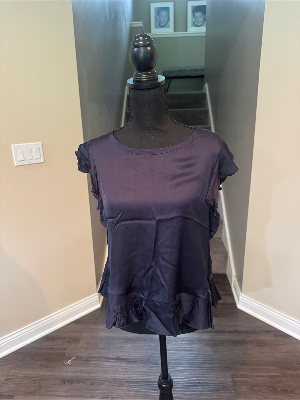 Chaser Navy Satin Ruffle Sleeve Blouse